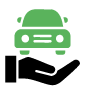 Green car resting on an open hand, symbolizing car protection or roadside assistance.