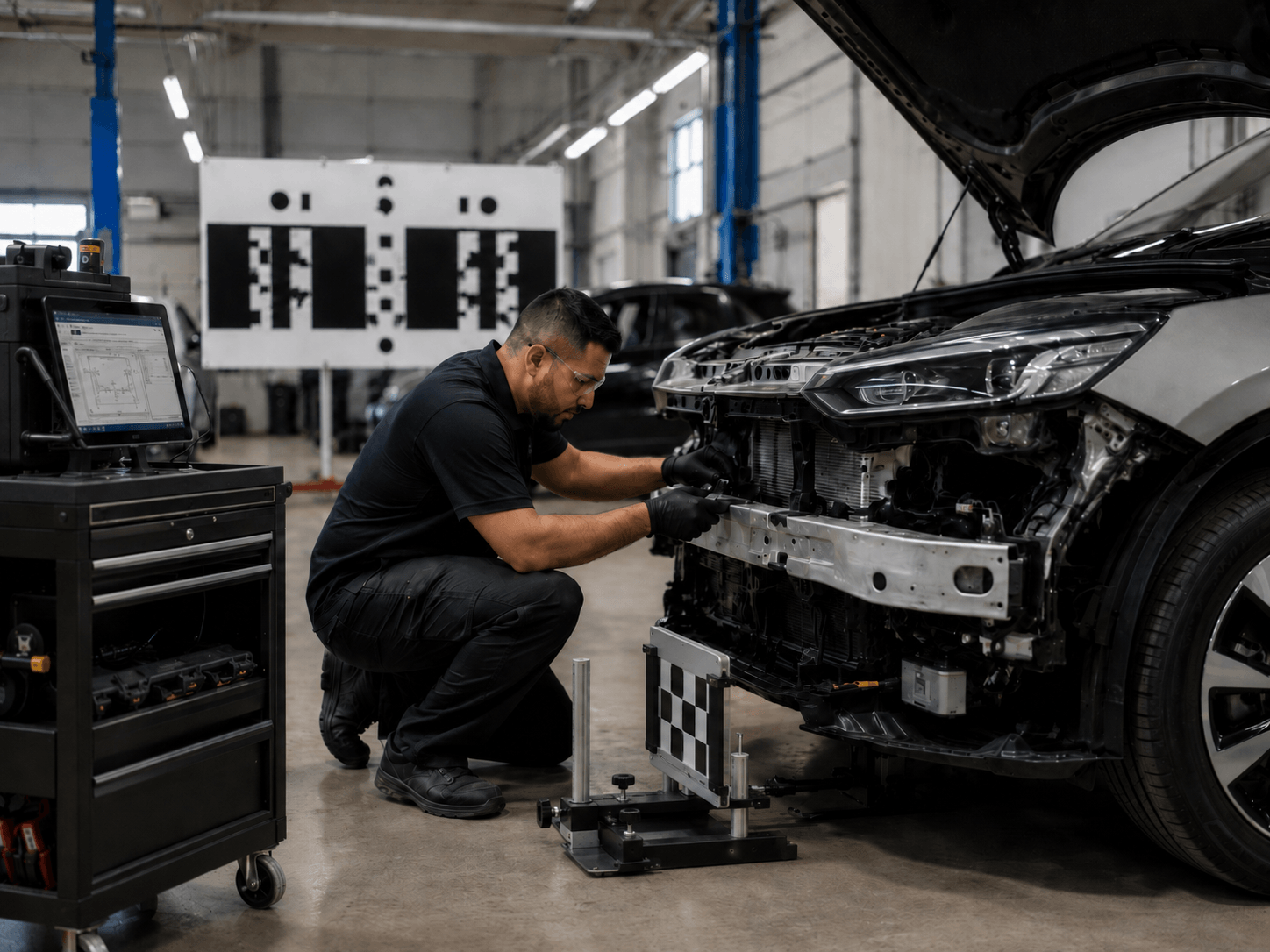 Automotive technician kneeling beside a car with its front end exposed, inspecting the radiator area in a workshop.