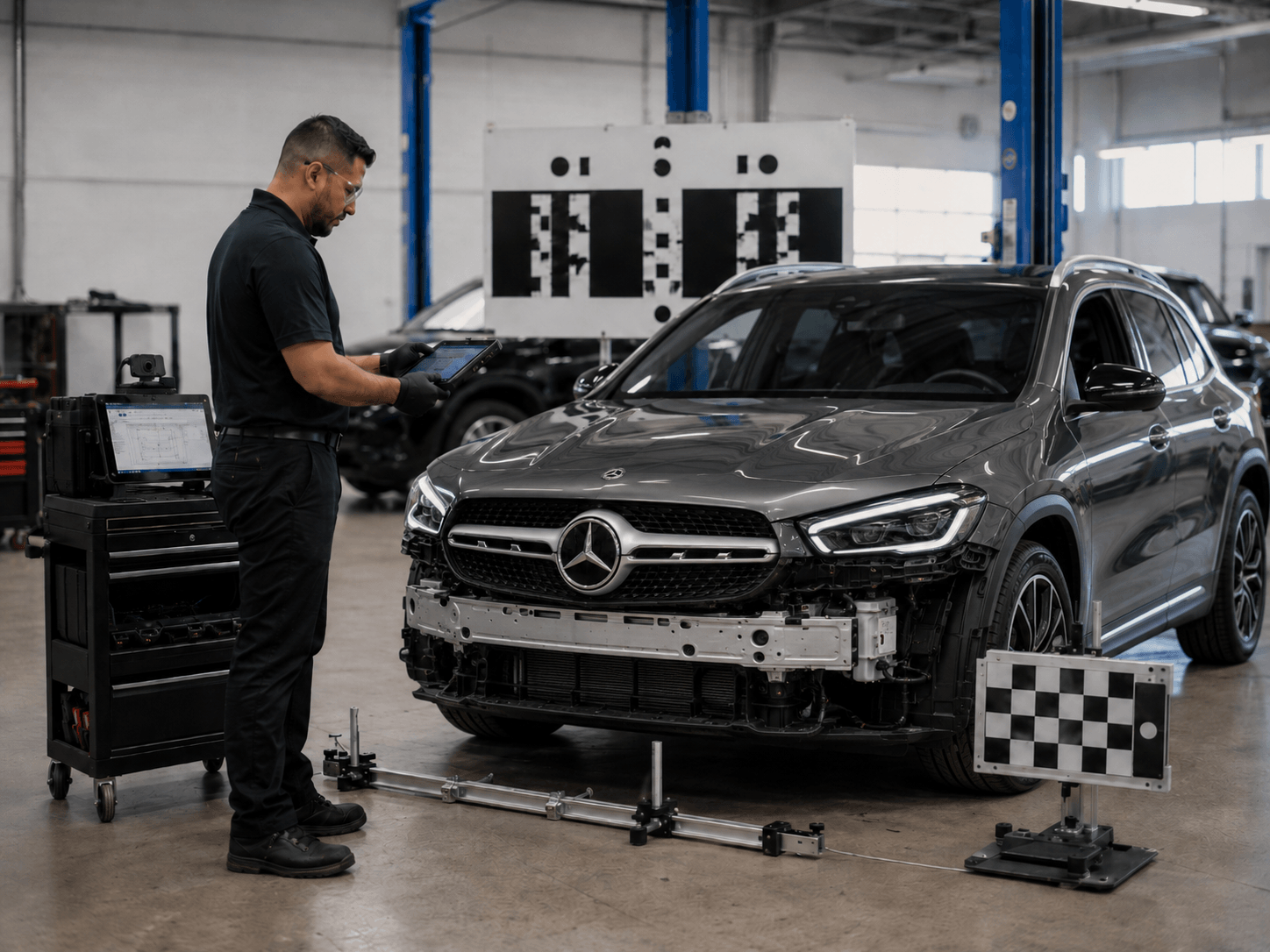 Automotive technician in a black uniform inspects a Mercedes SUV on a repair rack using a tablet in a busy auto shop.