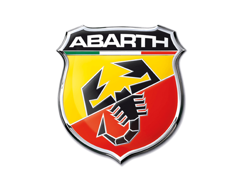 Abarth shield emblem with a black scorpion on a yellow and red split background.