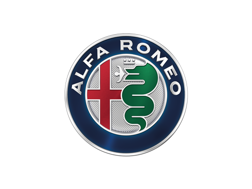 Alfa Romeo logo: circular badge with a red cross on the left and a green serpent on the right, blue outer ring and white background.