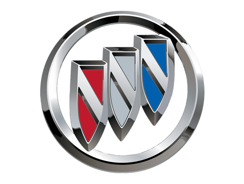 Buick logo: three shield shapes in red, gray, and blue inside a chrome ring.