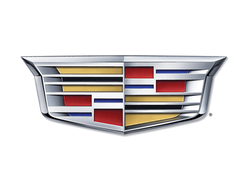 Close-up of the Cadillac logo badge (shield with chrome frame) on a white background.