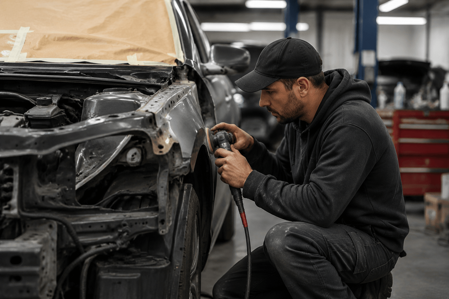 Mechanic kneels beside a partially disassembled car, grinding the front fender with a power tool in a workshop.