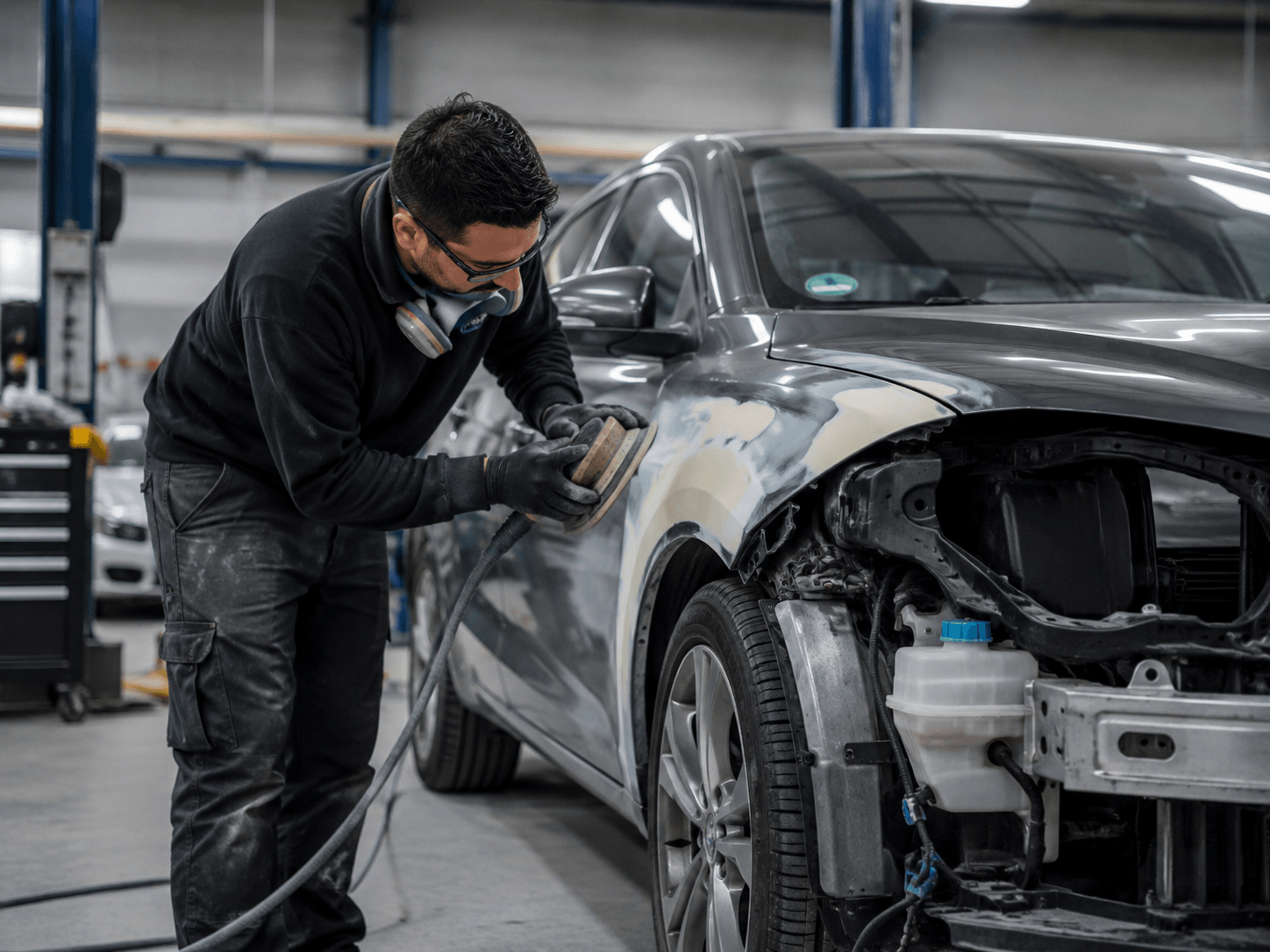 Auto body technician wearing a respirator mask sands damaged paint on a gray car in a shop.