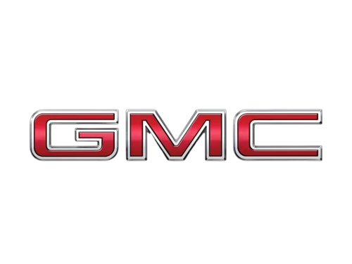 GMC logo with red chrome lettering on a dark background