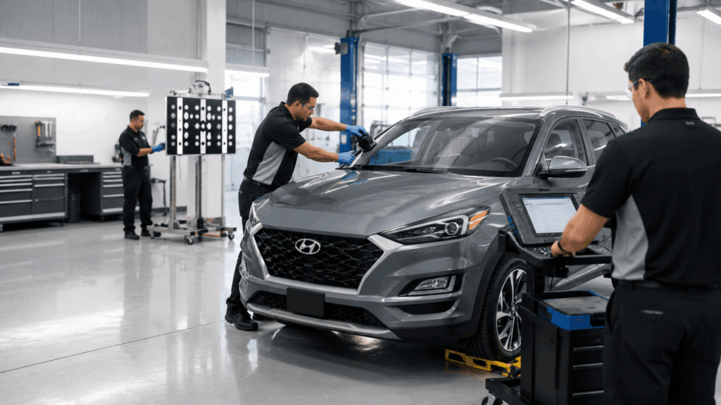 Technician polishes the Hyundai SUV's windshield with a handheld tool as two coworkers stand by in a bright auto repair shop.