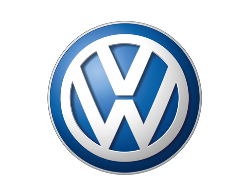 Volkswagen logo: blue circular badge with interlocking white 'VW' letters and silver rim.