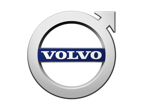 Volvo logo: chrome circular emblem with a blue banner reading VOLVO in white text.