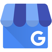 Blue app icon with a white Google 'G' logo in the bottom-right; top features a striped canopy design.