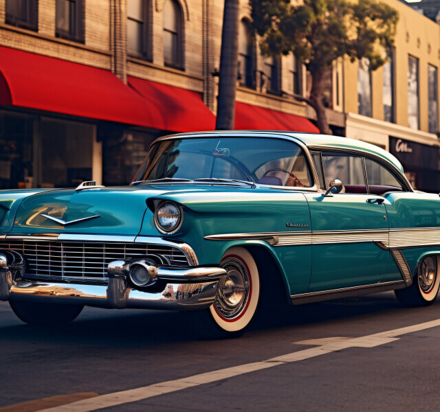 Vintage turquoise 1950s Chevrolet Bel Air parked on a city street with red awnings in the background, chrome accents gleaming.