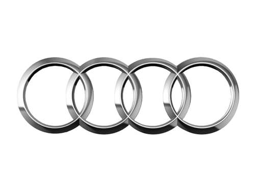 Audi logo: four interlocking silver rings on a white background.