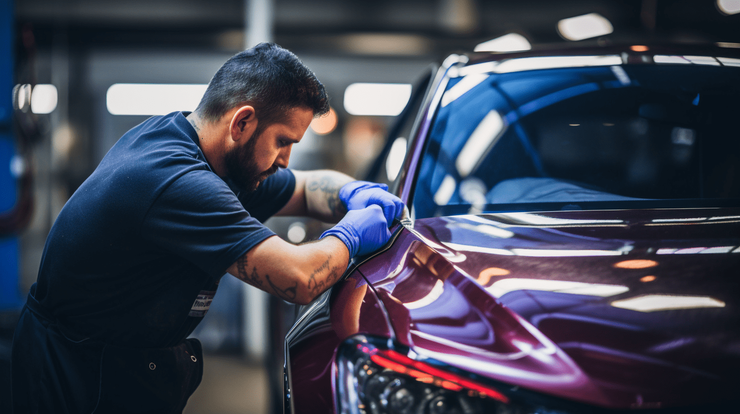 Auto technician wearing blue gloves applies sealant to a maroon car in a workshop.