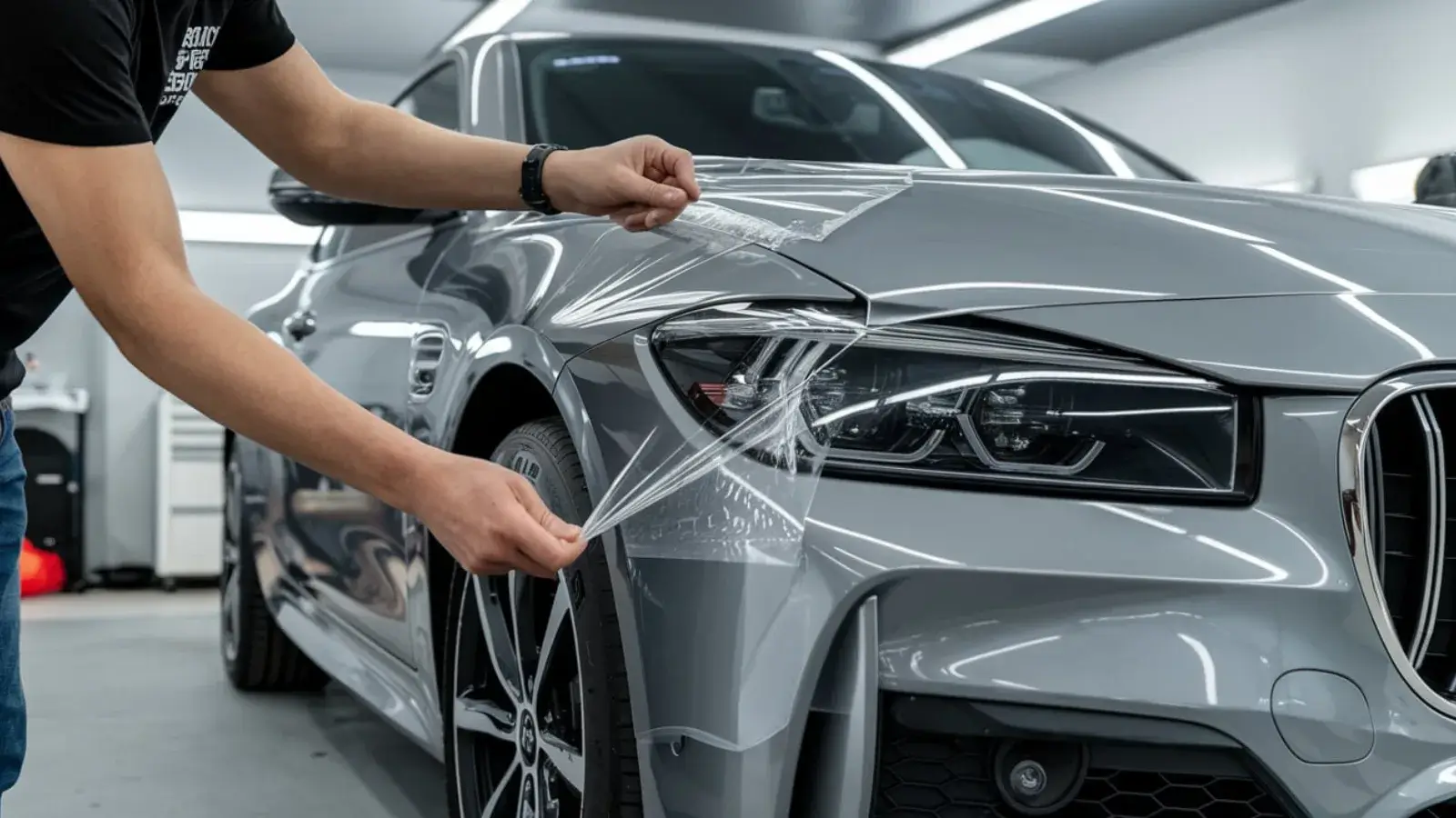 Person applying protective plastic film to a gray car's front fender, in a workshop