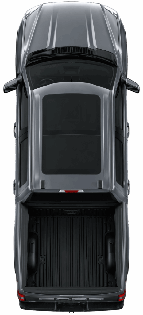 Top-down view of a silver pickup truck with an empty bed, showing the cab and truck bed from above.