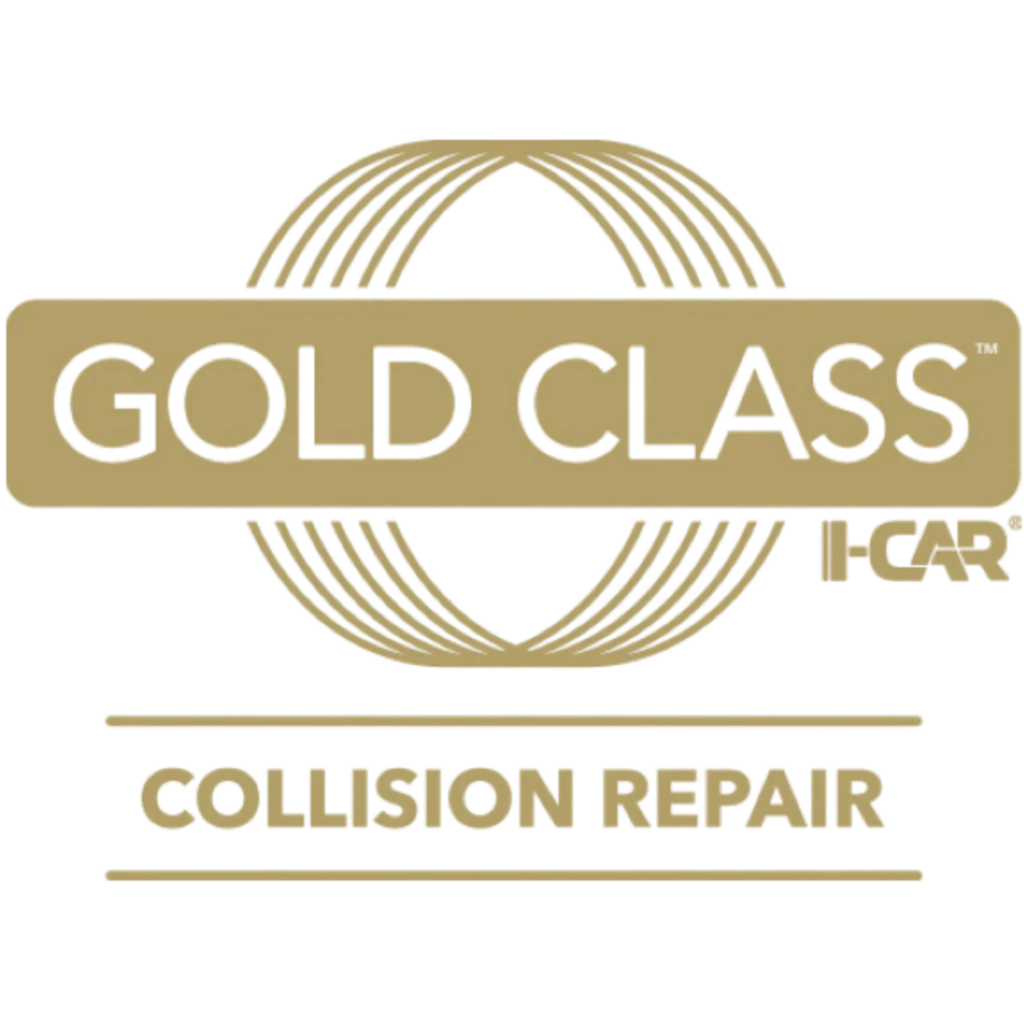Gold Class Collision Repair logo with a gold circular arc symbol above the text 'GOLD CLASS' on a beige background.