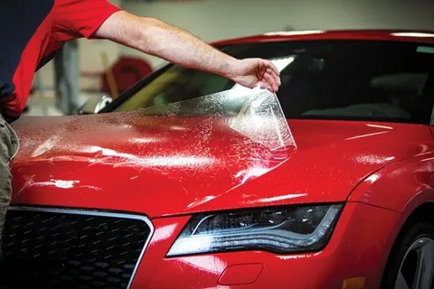 Person applying a clear protective film to the hood of a red car in a workshop, with a gloved hand smoothing the wrap.