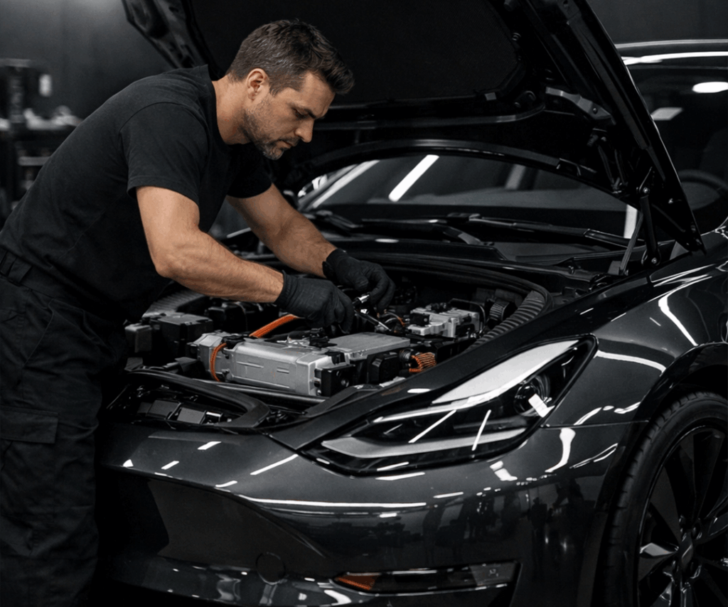 Mechanic in a black shirt and gloves servicing an electric car battery under the hood in a workshop.