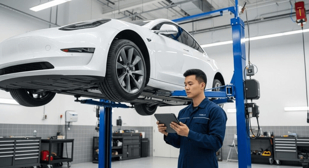Automotive technician in blue coveralls uses a tablet while a white car sits elevated on a hydraulic lift in a clean repair shop behind him.