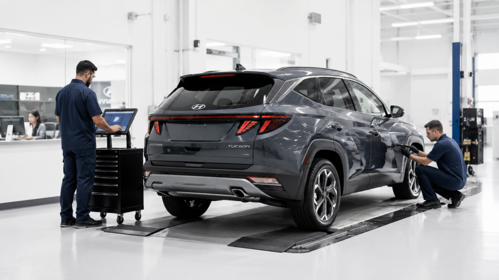 Two technicians service a gray Hyundai Tucson in a bright, modern repair shop; one uses a touchscreen diagnostic tablet while the other works near the right side of the vehicle near the wheel on a lift.