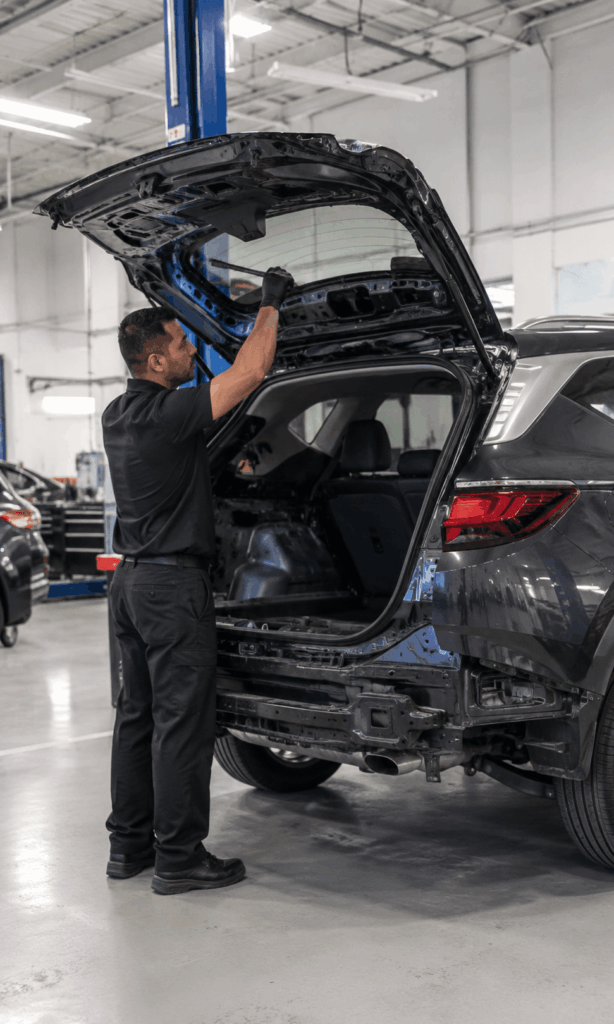 Mechanic in black uniform opens the rear hatch of a dark SUV in an automotive repair shop, inspecting the cargo area.