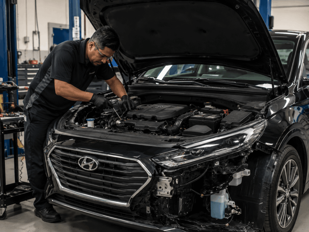 Mechanic in a black uniform repairing the engine of a black Hyundai SUV with front damage in a service bay referenced by the workshop setting.