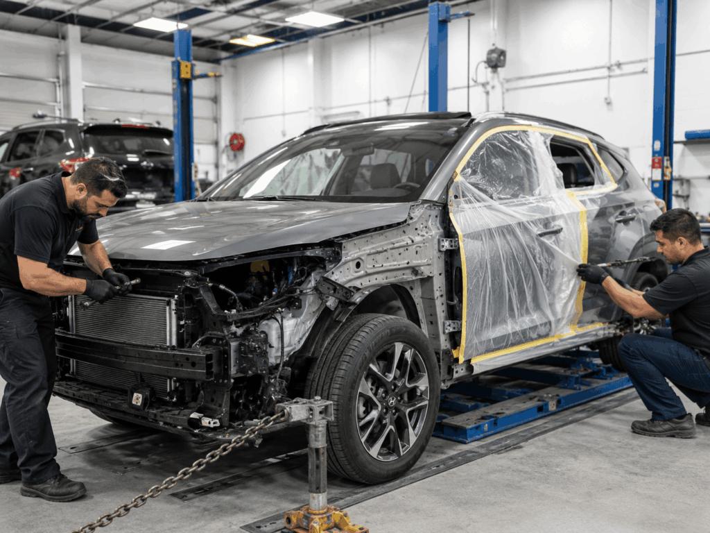 Two technicians work on a gray SUV in a body shop, with the front end disassembled and the passenger side masked for painting or repair.