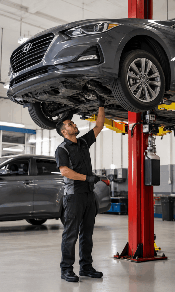 Auto mechanic inspecting the underside of a car raised on a hydraulic lift in a service bay.
