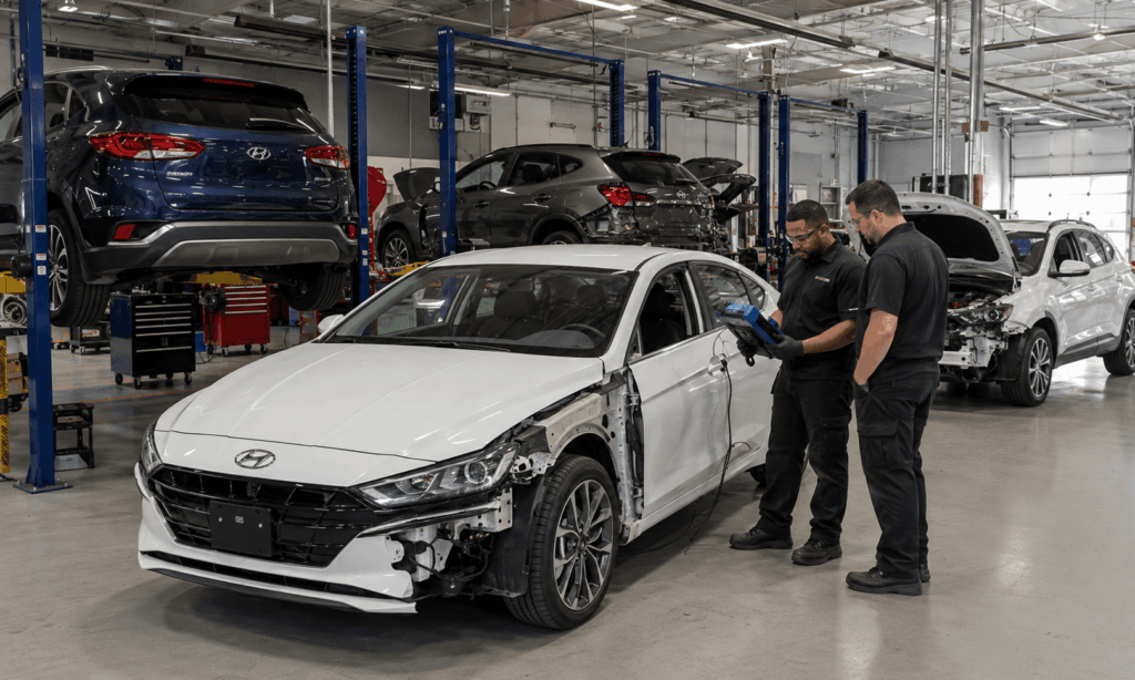 White sedan being repaired in an auto body shop, with two technicians inspecting a diagnostic tablet near the damaged front fender.
