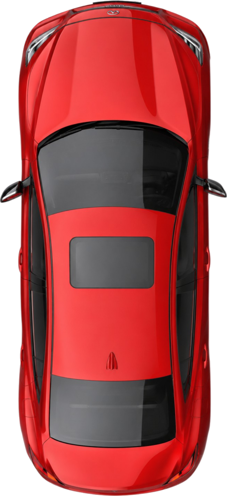 Top-down view of a red sports car showing the hood, windshield, and sunroof from above