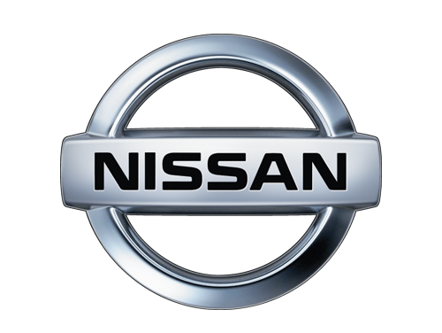 Nissan logo emblem: chrome circular ring with a horizontal bar displaying the word NISSAN