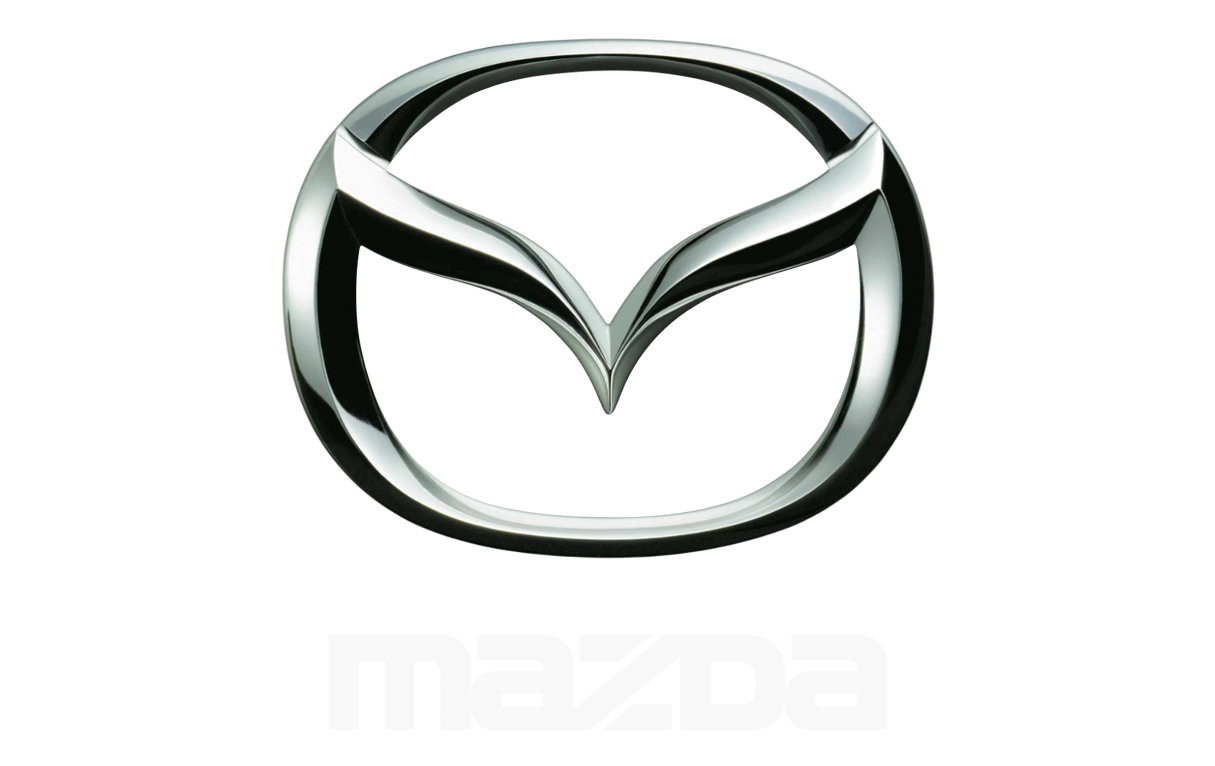 Mazda emblem: chrome oval with a stylized 'M' forming wings on a white background
