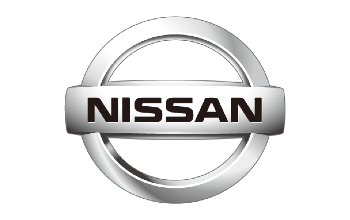 Nissan logo: silver circular emblem with a horizontal bar reading NISSAN in bold letters