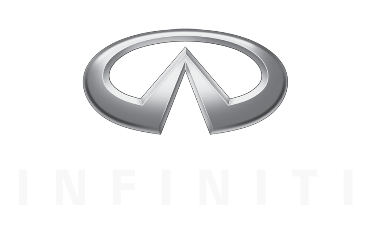 Infiniti car brand emblem in silver on a white background