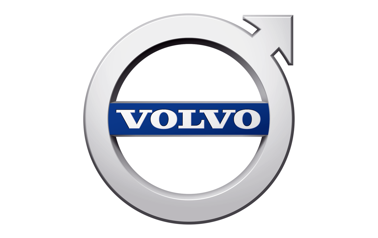 Volvo emblem: a chrome circular ring enclosing a blue band with the word VOLVO and color calibration bars beneath.