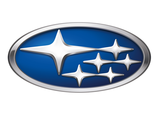 Subaru emblem: blue oval with six silver stars arranged diagonally inside the oval