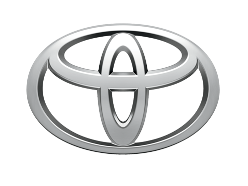 Toyota logo: shiny silver oval emblem with a stylized 'T' formed by interlocking ovals in the center.