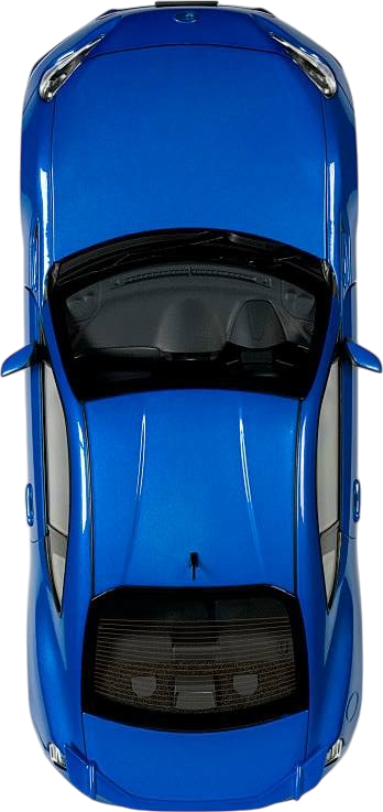 Top-down view of a bright blue sports car seen from above, showcasing its sleek hood and cockpit window.