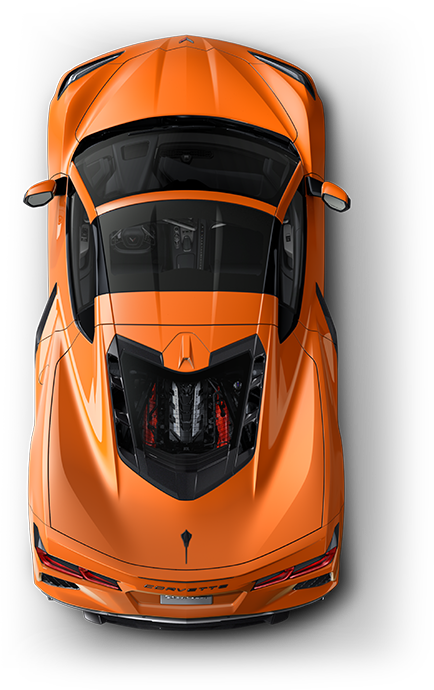 Top-down view of an orange Corvette-style sports car on a black background.