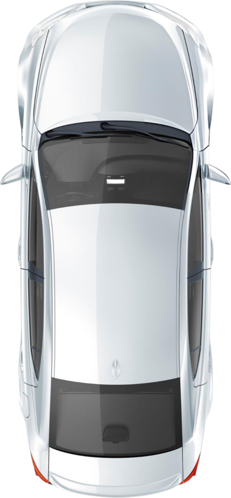 Top-down overhead view of a white car, showing the roof, windshield, and slim side mirrors from above